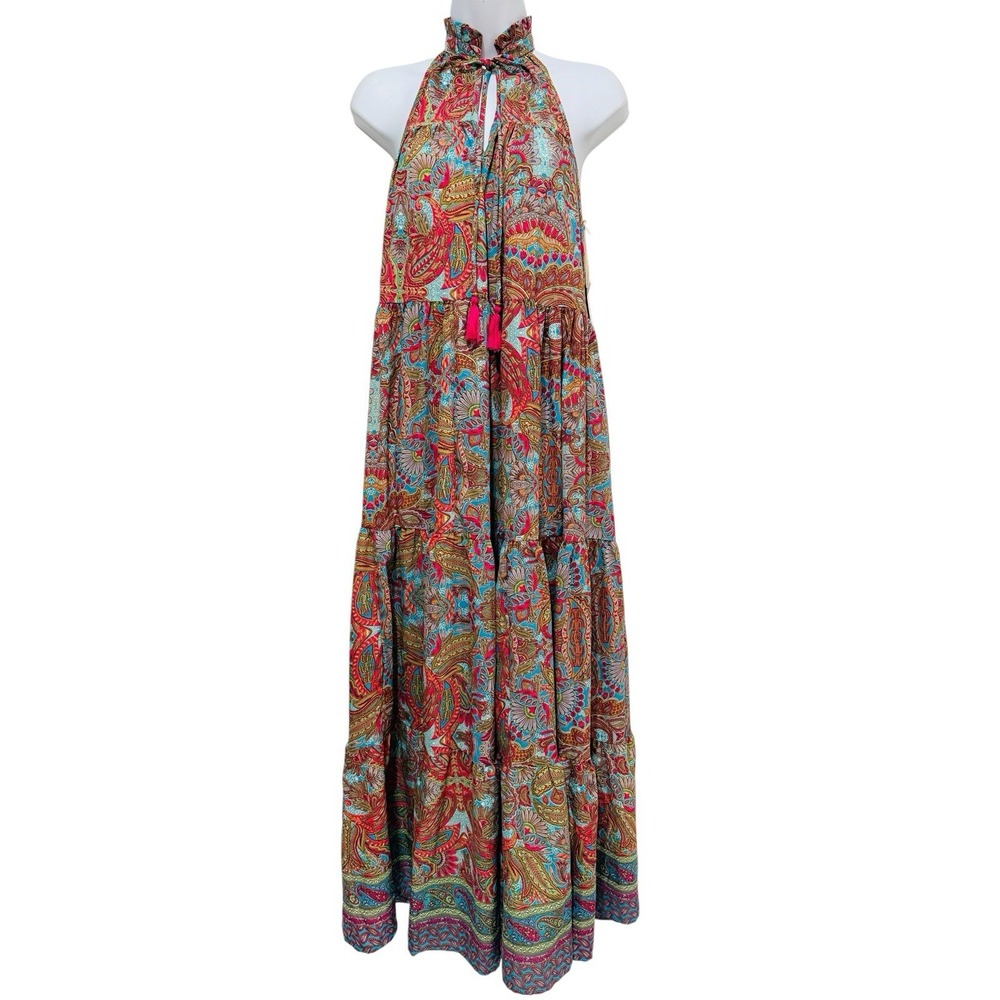 Anthropologie Boemo Dress Sβ Multicolor Paisley Maxi Halter Tasseled Tiered NWT